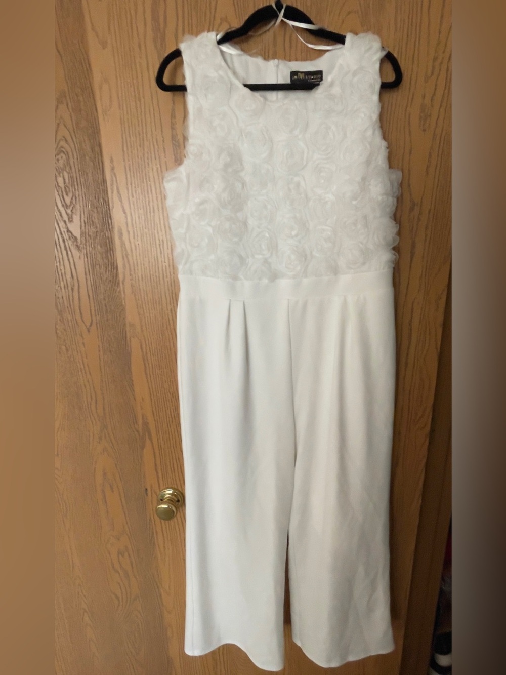 Sleeveless White Rosette-Texture Jumpsuit